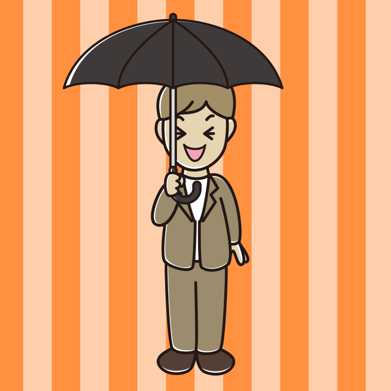 傘をさして笑う男性会社員（カジュアル）のイラスト【色、背景あり】PNG