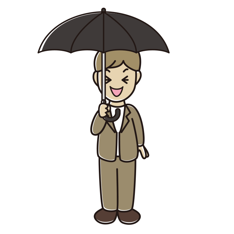 傘をさして笑う男性会社員（カジュアル）のイラスト【色あり、背景なし】透過PNG