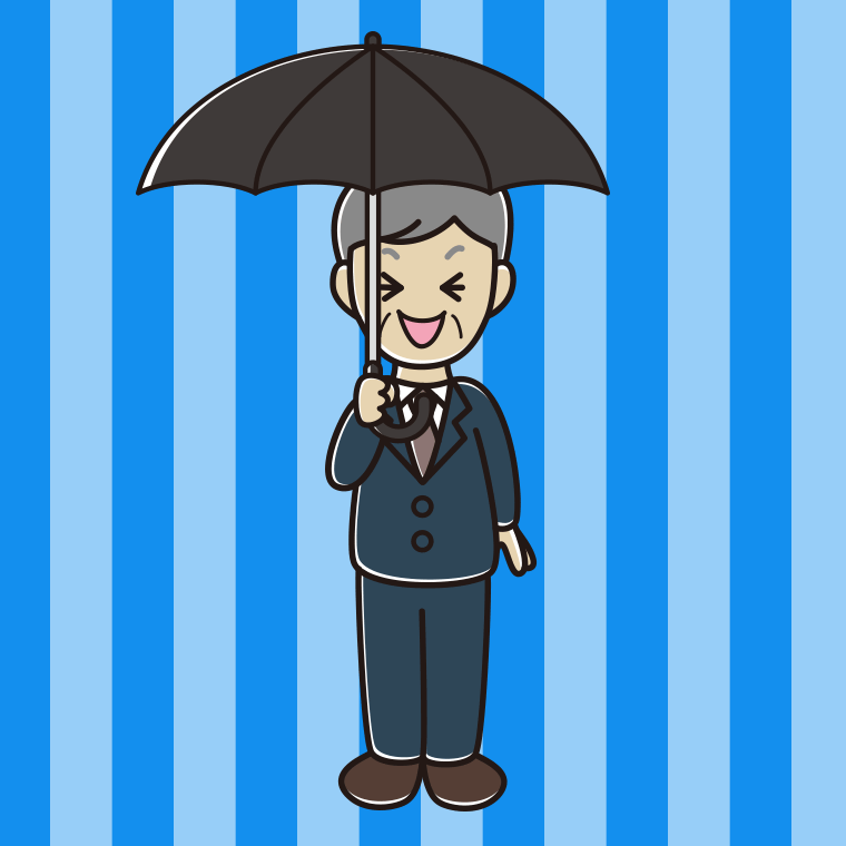 傘をさして笑う年配男性会社員のイラスト【色、背景あり】PNG