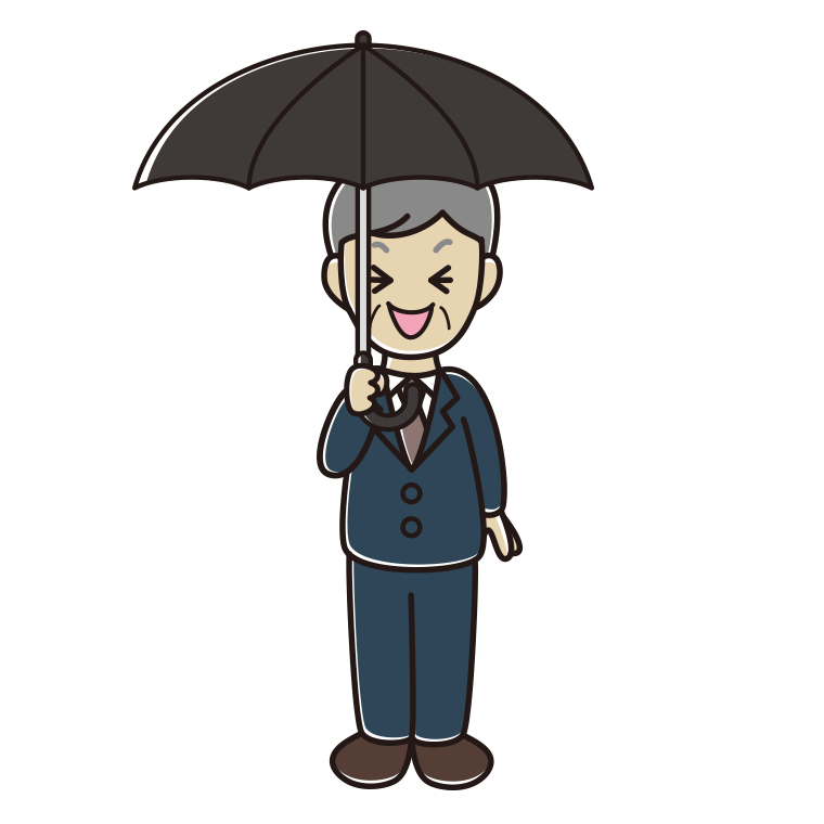 傘をさして笑う年配男性会社員のイラスト【色あり、背景なし】透過PNG