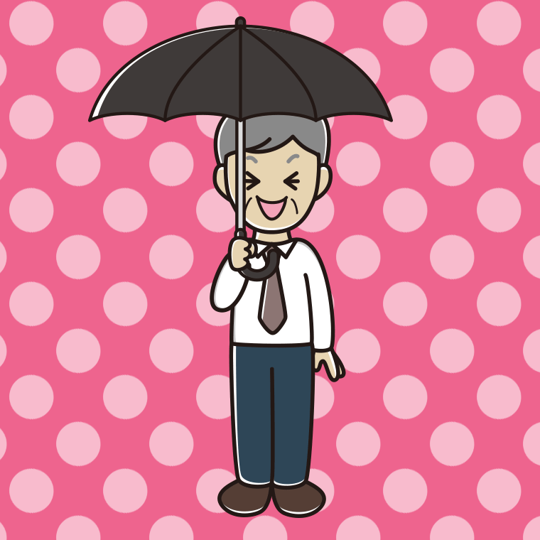 傘をさして笑う年配男性会社員（ワイシャツ）のイラスト【色、背景あり】PNG