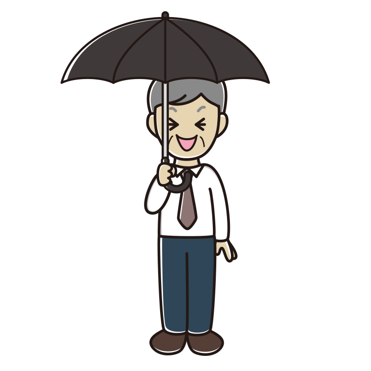 傘をさして笑う年配男性会社員（ワイシャツ）のイラスト【色あり、背景なし】透過PNG