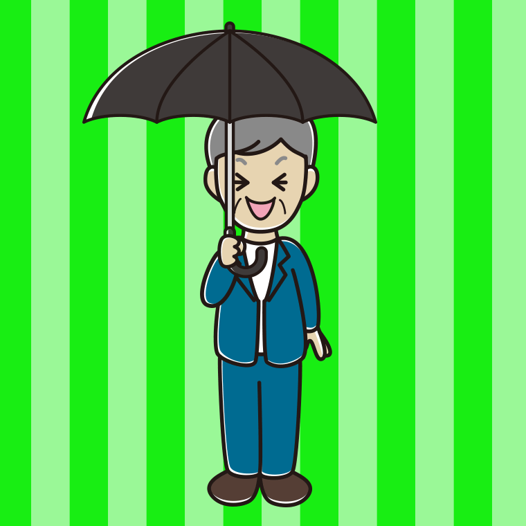 傘をさして笑う年配男性会社員（カジュアル）のイラスト【色、背景あり】PNG