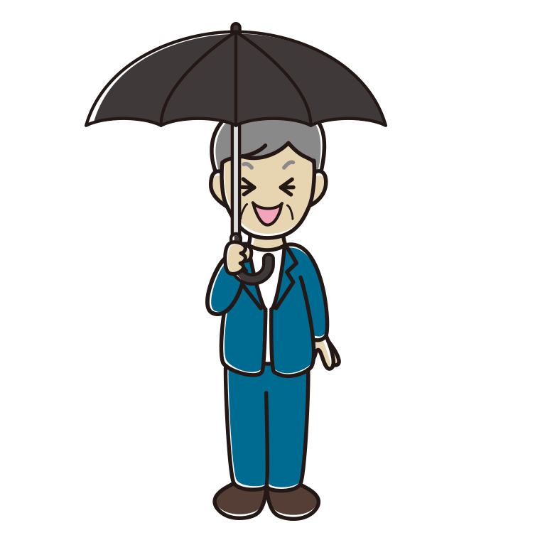 傘をさして笑う年配男性会社員（カジュアル）のイラスト【色あり、背景なし】透過PNG