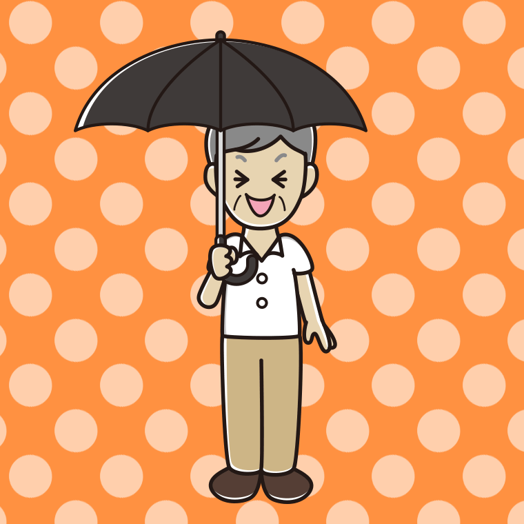傘をさして笑う年配男性会社員（クールビズ）のイラスト【色、背景あり】PNG