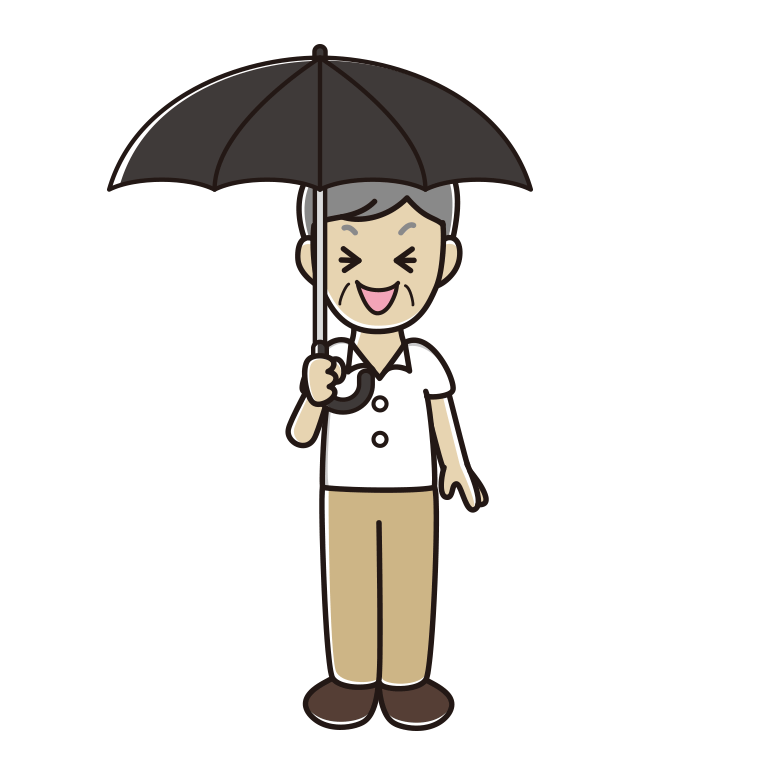 傘をさして笑う年配男性会社員（クールビズ）のイラスト【色あり、背景なし】透過PNG