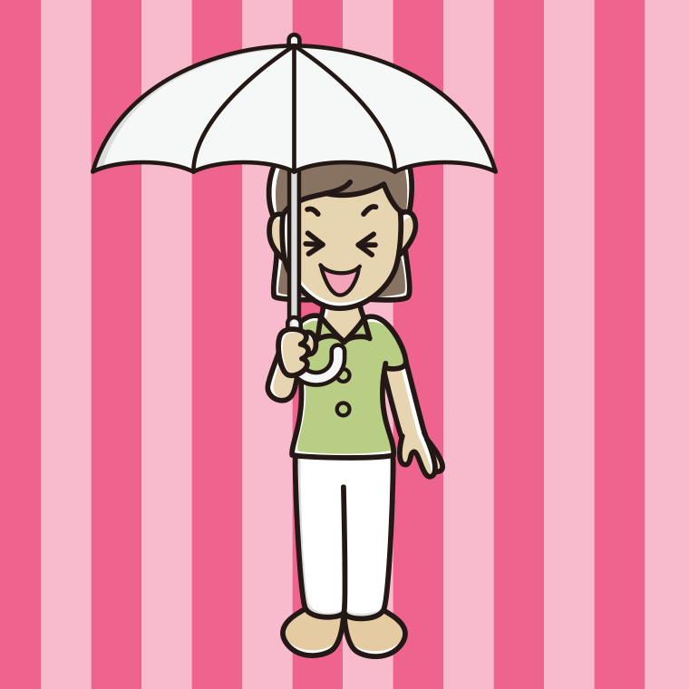 傘をさして笑う女性会社員（クールビズ）のイラスト【色、背景あり】PNG