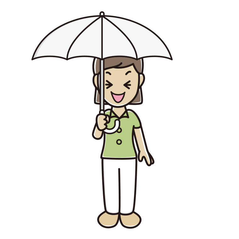 傘をさして笑う女性会社員（クールビズ）のイラスト【色あり、背景なし】透過PNG