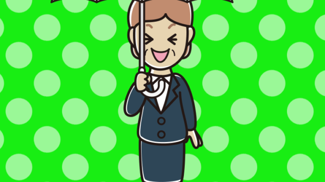 傘をさして笑う年配女性会社員のイラスト【色、背景あり】PNG