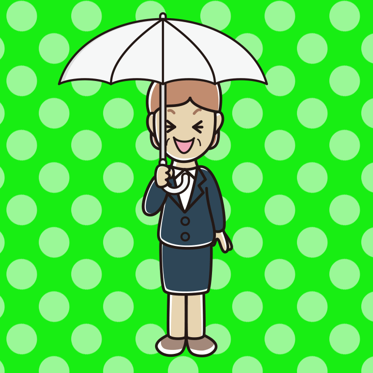 傘をさして笑う年配女性会社員のイラスト【色、背景あり】PNG