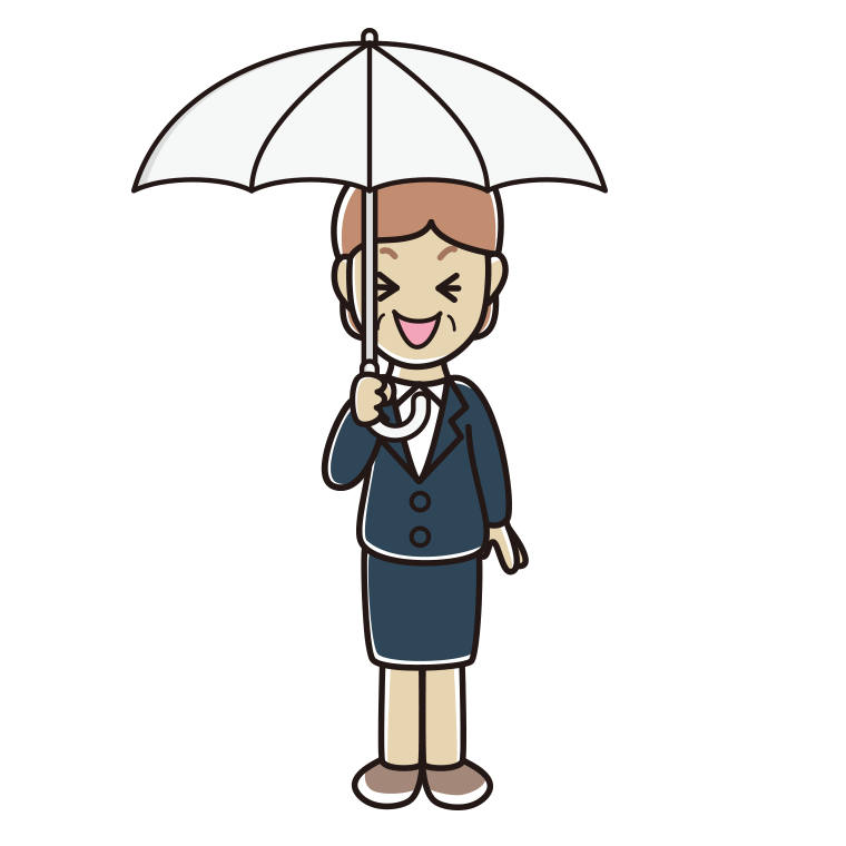 傘をさして笑う年配女性会社員のイラスト【色あり、背景なし】透過PNG