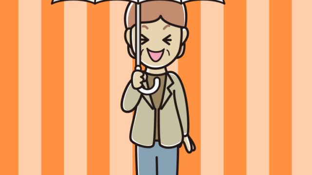 傘をさして笑う年配女性会社員（カジュアル）のイラスト【色、背景あり】PNG