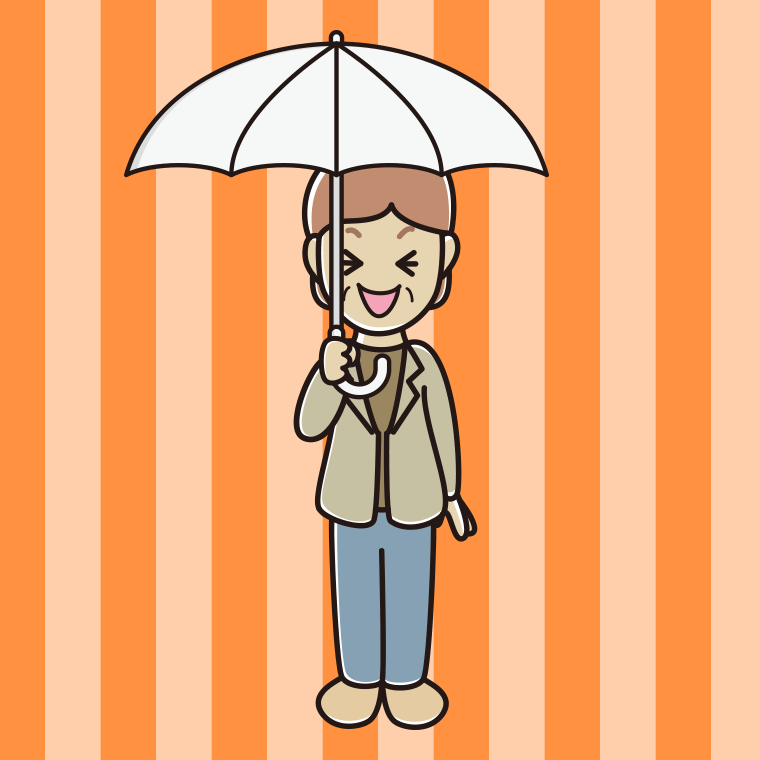 傘をさして笑う年配女性会社員（カジュアル）のイラスト【色、背景あり】PNG