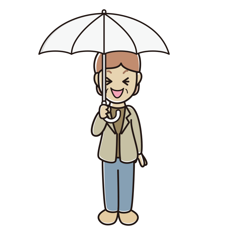 傘をさして笑う年配女性会社員（カジュアル）のイラスト【色あり、背景なし】透過PNG