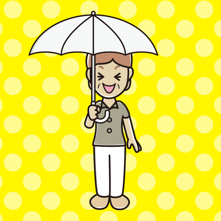 傘をさして笑う年配女性会社員（クールビズ）のイラスト【色、背景あり】PNG