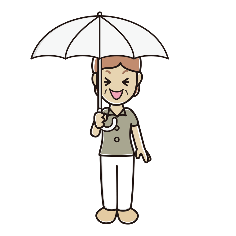 傘をさして笑う年配女性会社員（クールビズ）のイラスト【色あり、背景なし】透過PNG