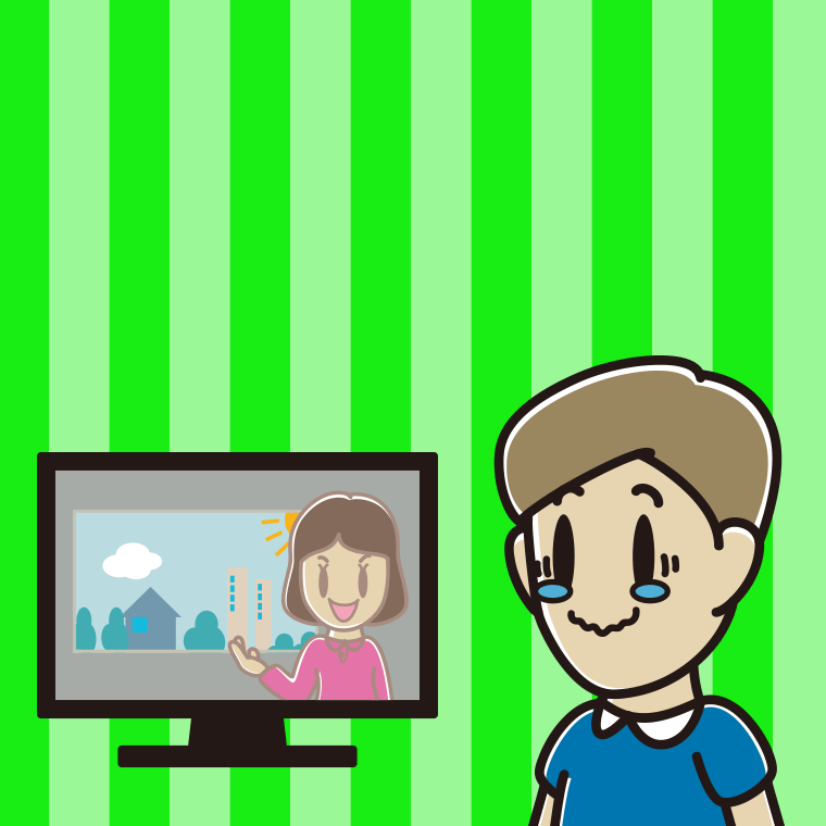 テレビを見て感動する男性のイラスト【色、背景あり】PNG