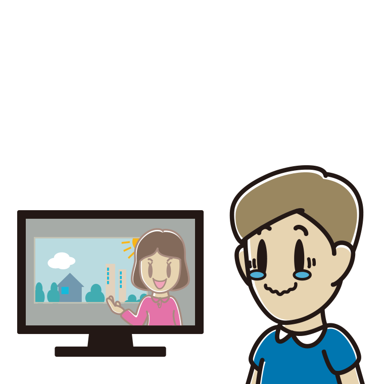 テレビを見て感動する男性のイラスト【色あり、背景なし】透過PNG