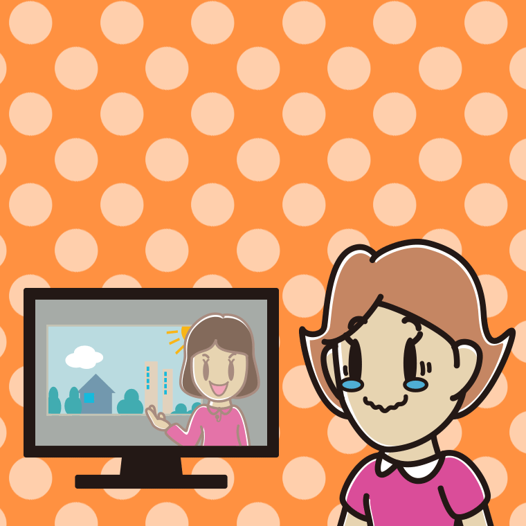 テレビを見て感動する女性のイラスト【色、背景あり】PNG