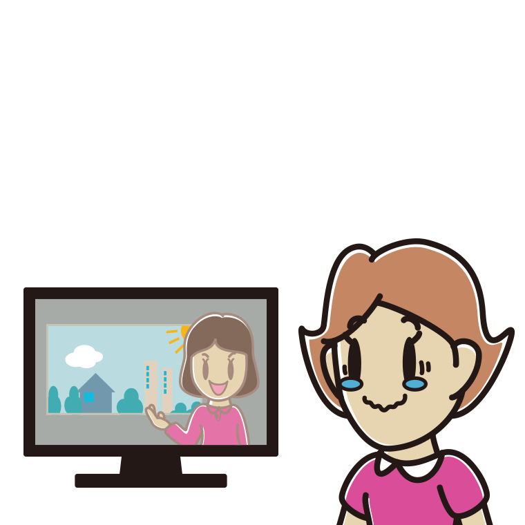 テレビを見て感動する女性のイラスト【色あり、背景なし】透過PNG