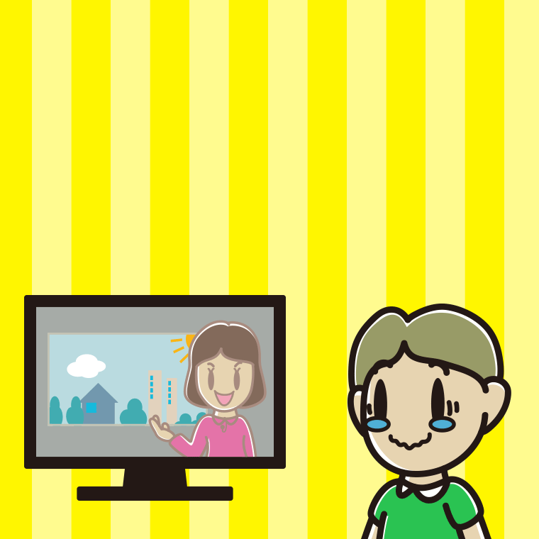 テレビを見て感動する小学生男子のイラスト【色、背景あり】PNG