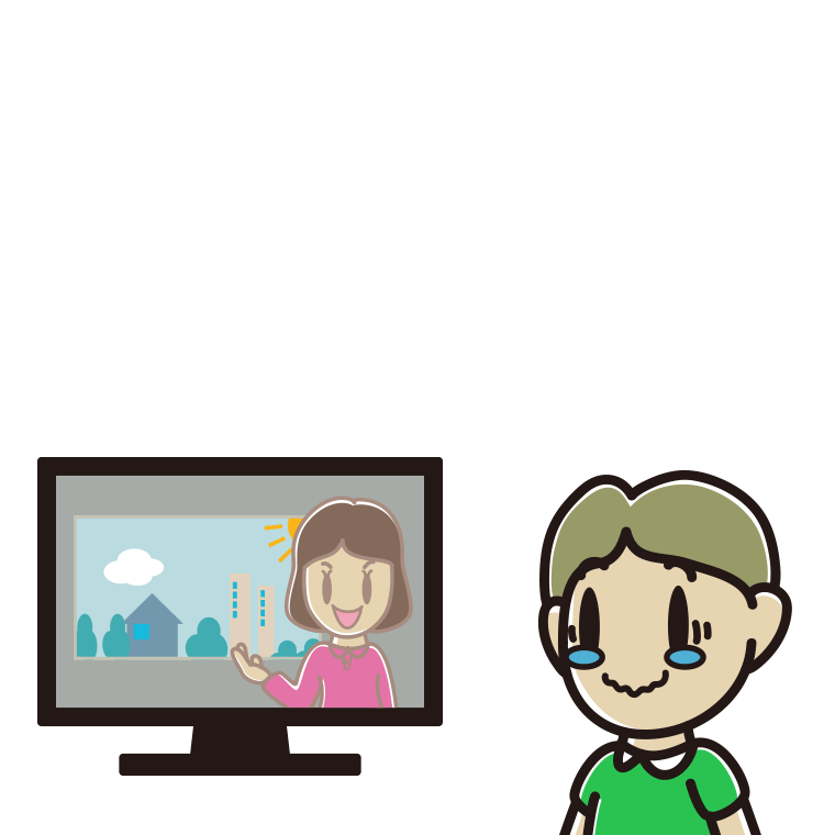 テレビを見て感動する小学生男子のイラスト【色あり、背景なし】透過PNG