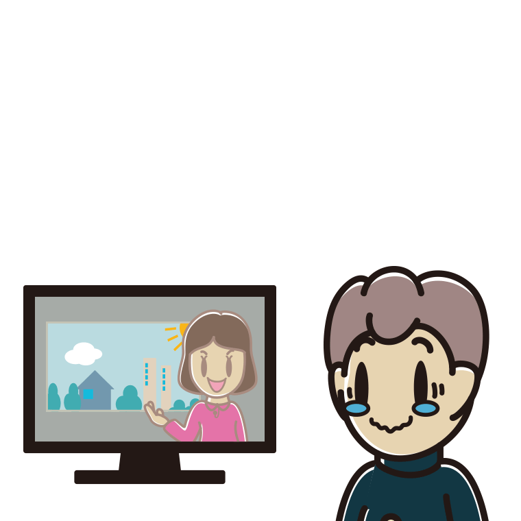 テレビを見て感動する男子中学生のイラスト【色あり、背景なし】透過PNG
