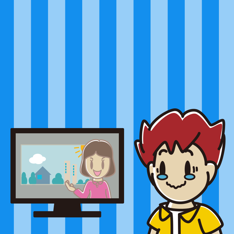 テレビを見て感動する男子大学生のイラスト【色、背景あり】PNG