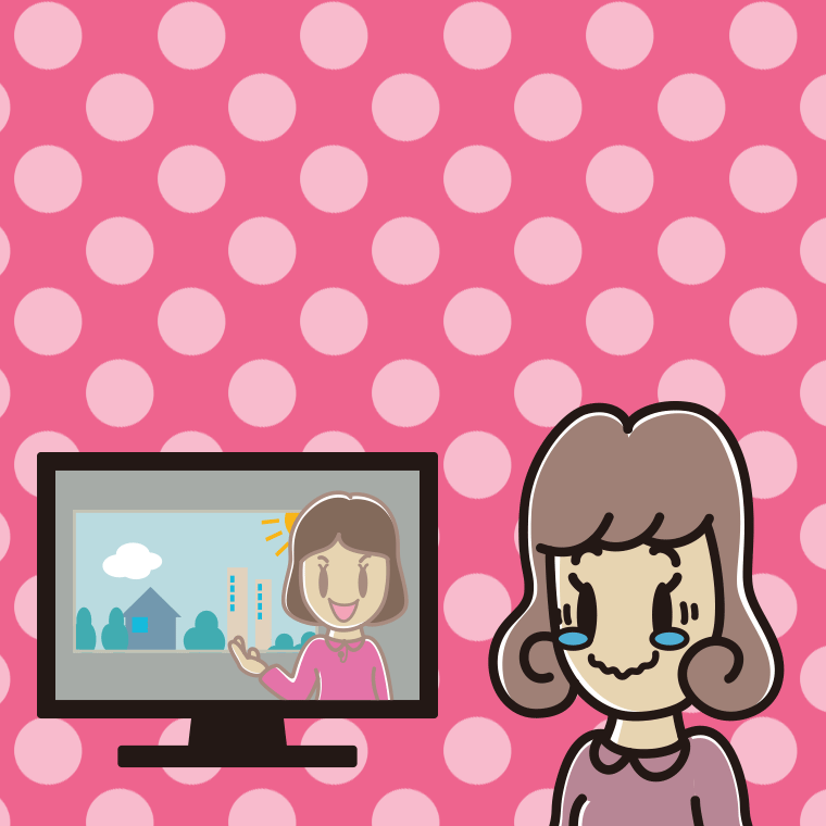 テレビを見て感動する女子大学生のイラスト【色、背景あり】PNG