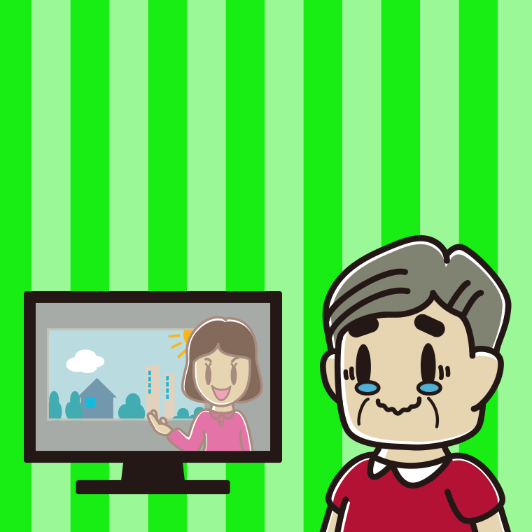 テレビを見て感動するおじさんのイラスト【色、背景あり】PNG