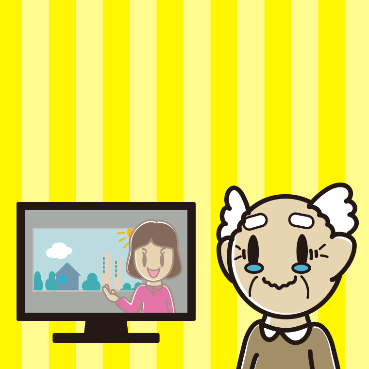 テレビを見て感動するおじいさんのイラスト【色、背景あり】PNG