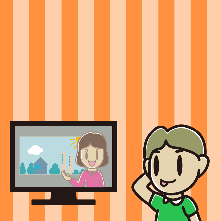 テレビを見てテヘヘな小学生男子のイラスト【色、背景あり】PNG