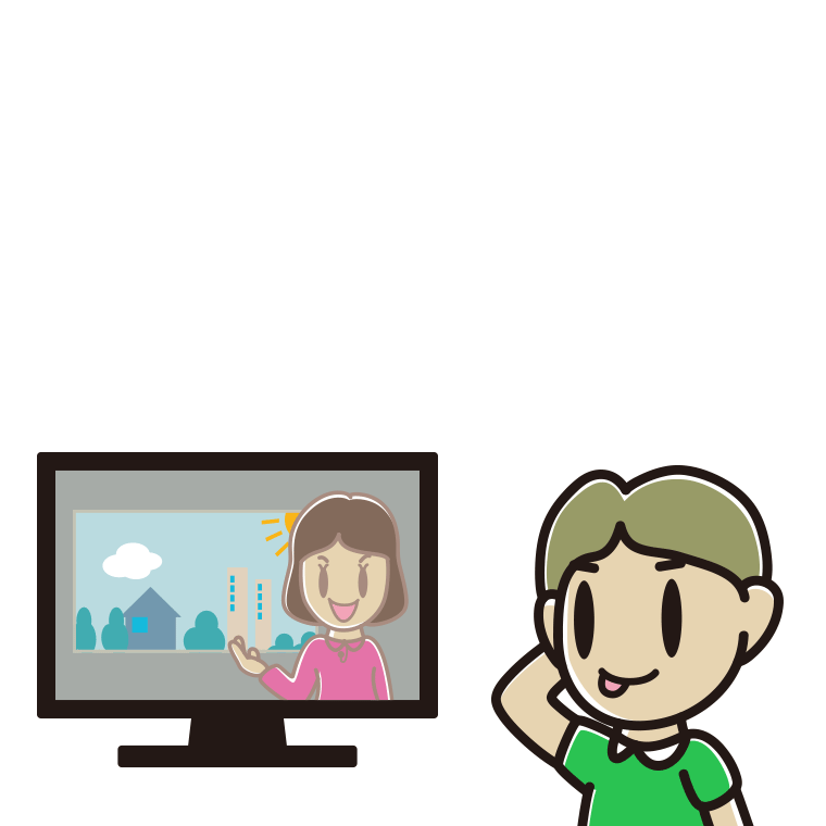 テレビを見てテヘヘな小学生男子のイラスト【色あり、背景なし】透過PNG