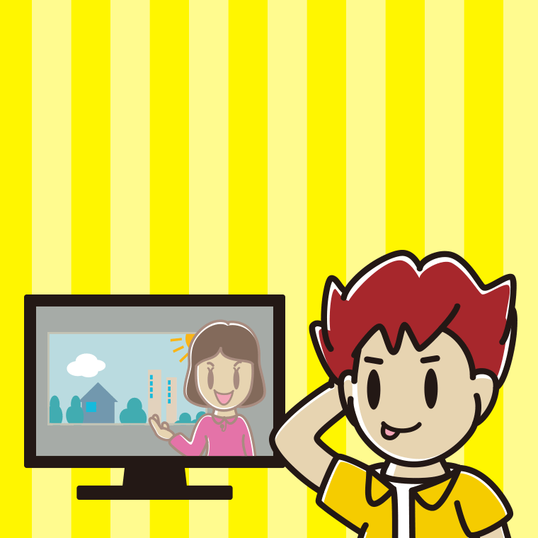 テレビを見てテヘヘな男子大学生のイラスト【色、背景あり】PNG