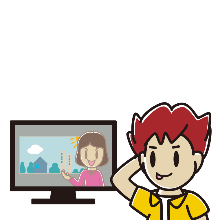 テレビを見てテヘヘな男子大学生のイラスト【色あり、背景なし】透過PNG