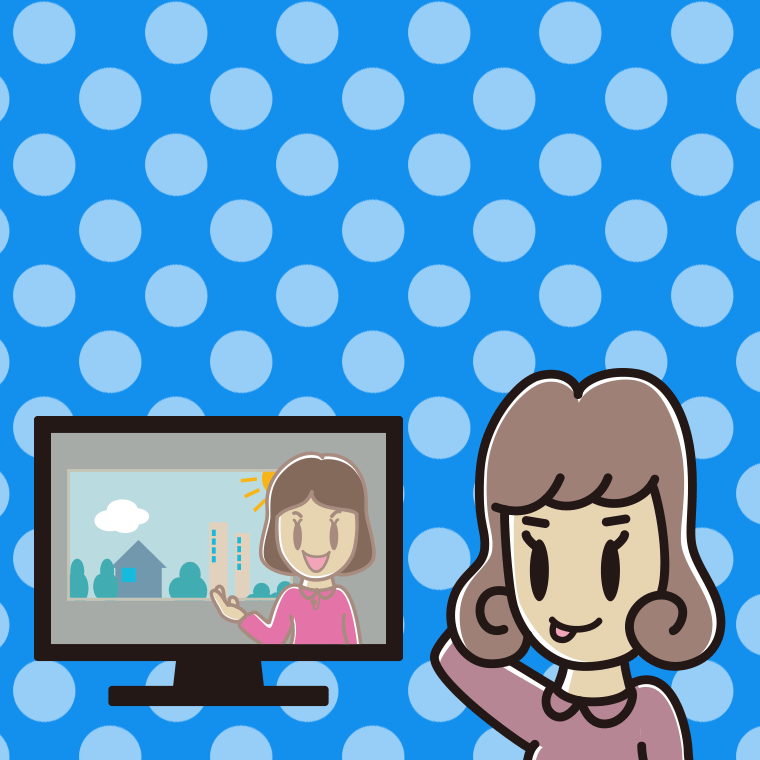 テレビを見てテヘヘな女子大学生のイラスト【色、背景あり】PNG