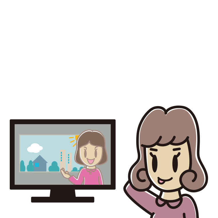テレビを見てテヘヘな女子大学生のイラスト【色あり、背景なし】透過PNG