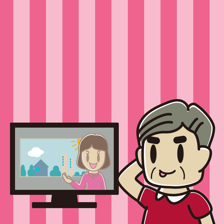 テレビを見てテヘヘなおじさんのイラスト【色、背景あり】PNG