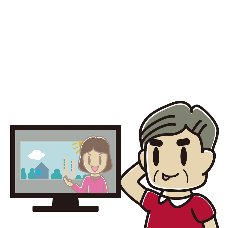 テレビを見てテヘヘなおじさんのイラスト【色あり、背景なし】透過PNG
