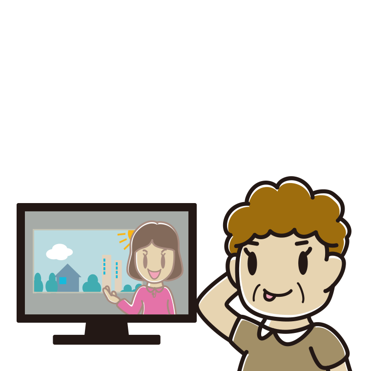テレビを見てテヘヘなおばさんのイラスト【色あり、背景なし】透過PNG