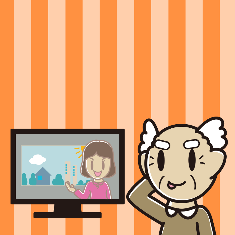 テレビを見てテヘヘなおじいさんのイラスト【色、背景あり】PNG