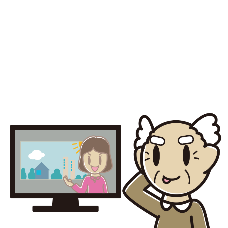 テレビを見てテヘヘなおじいさんのイラスト【色あり、背景なし】透過PNG
