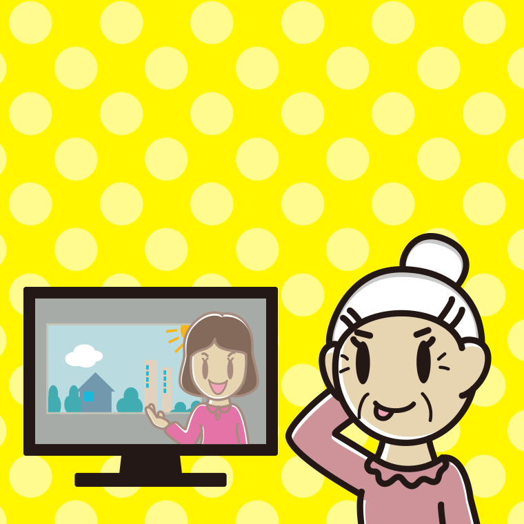 テレビを見てテヘヘなおばあさんのイラスト【色、背景あり】PNG