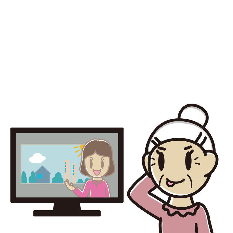 テレビを見てテヘヘなおばあさんのイラスト【色あり、背景なし】透過PNG