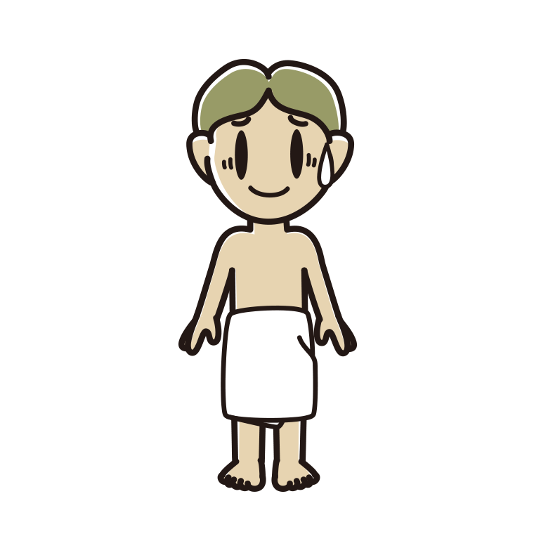 苦笑いするバスタオル姿の小学生男子のイラスト【色あり、背景なし】透過PNG
