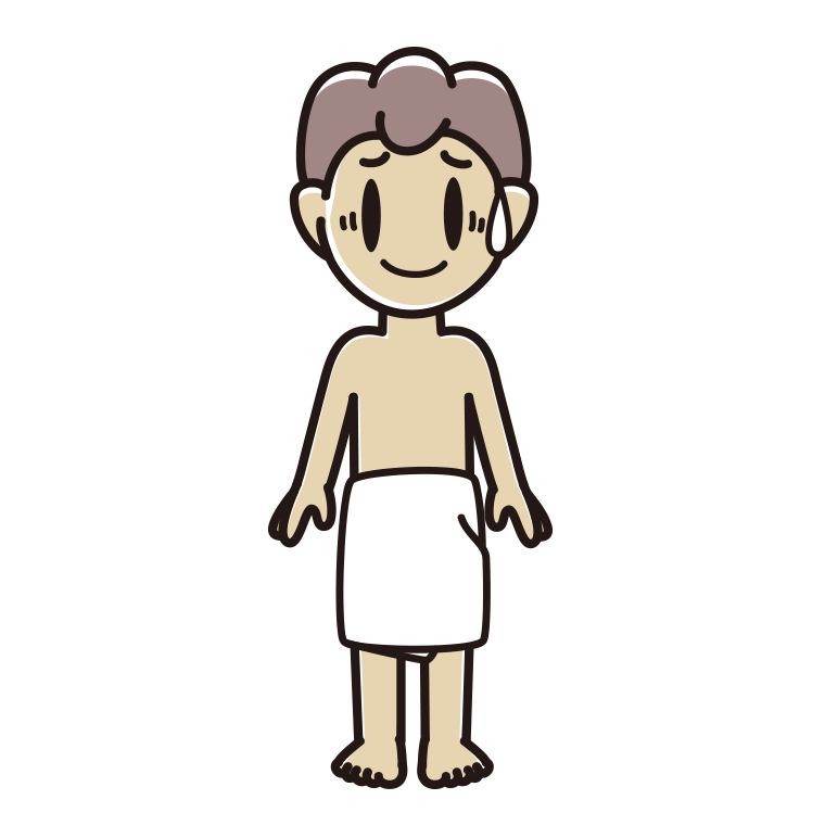 苦笑いするバスタオル姿の男子中学生のイラスト【色あり、背景なし】透過PNG