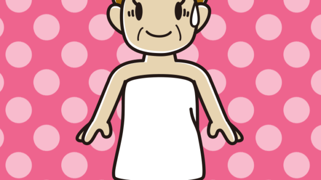 苦笑いするバスタオル姿のおばさんのイラスト【色、背景あり】PNG