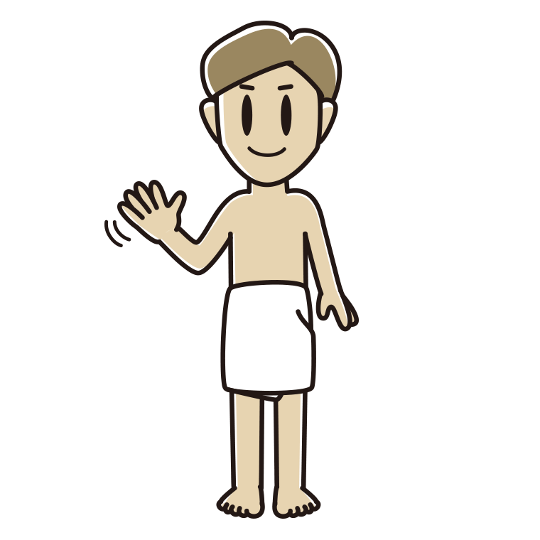 手を振るバスタオル姿の男性のイラスト【色あり、背景なし】透過PNG
