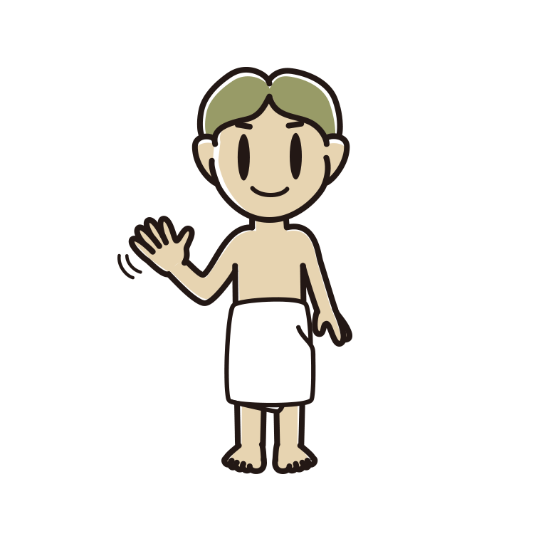 手を振るバスタオル姿の小学生男子のイラスト【色あり、背景なし】透過PNG