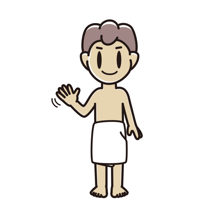 手を振るバスタオル姿の男子中学生のイラスト【色あり、背景なし】透過PNG